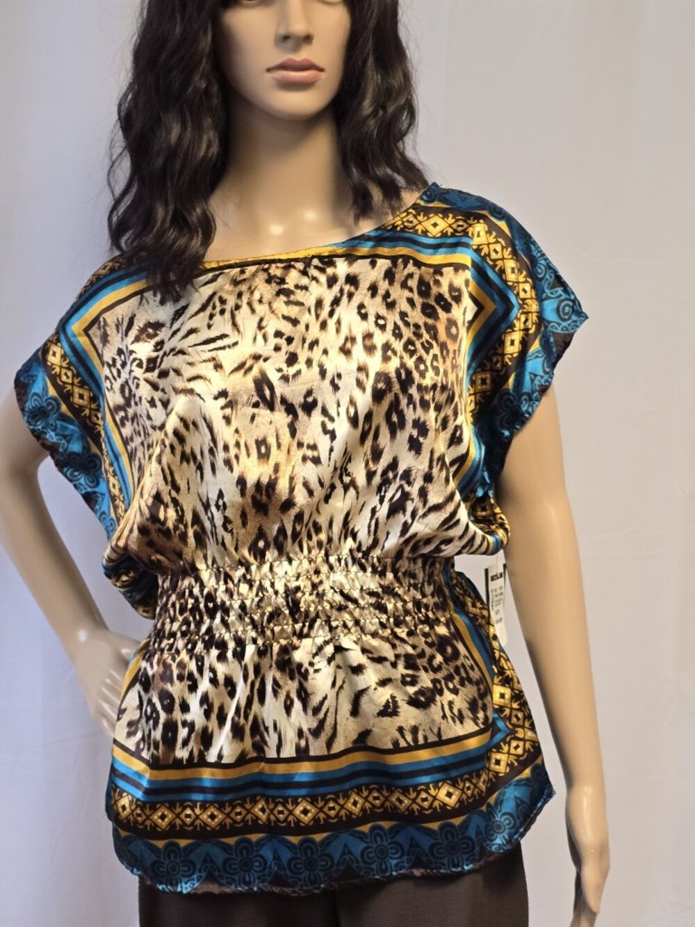Majora Satin Animal Print Blouse Medium | Leopard Print Smocked Waist Top
